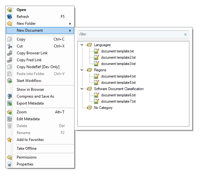 Document template picker with templates classified in
categories