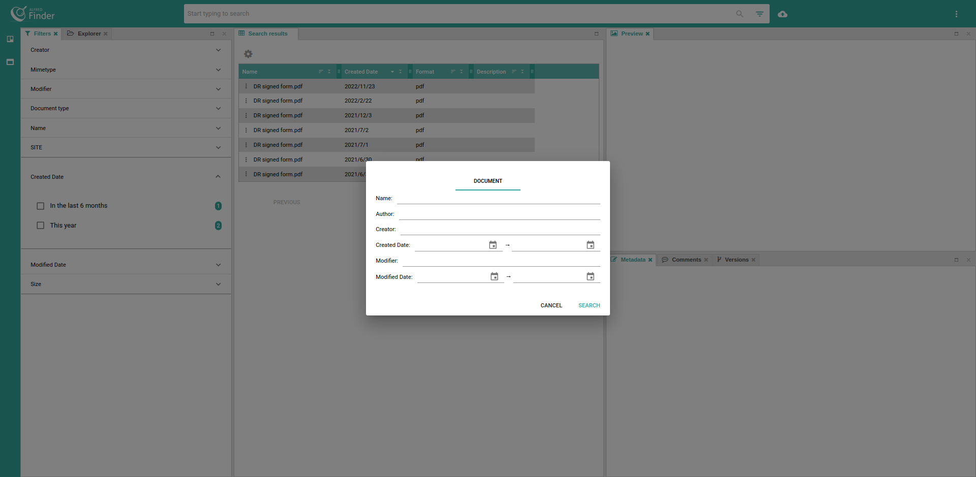 The filter requirements popup