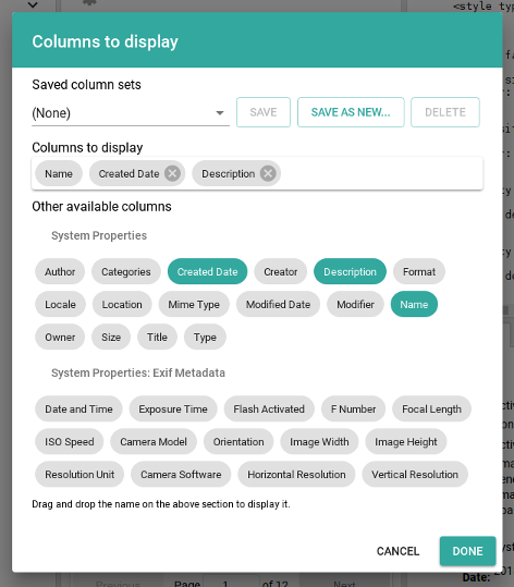 The "columns to display"
window