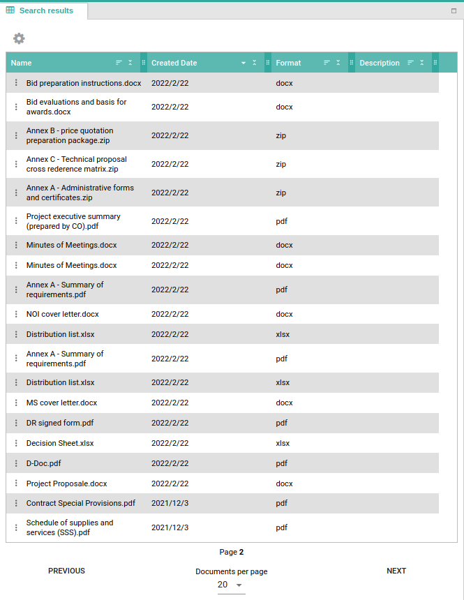 The search results table
